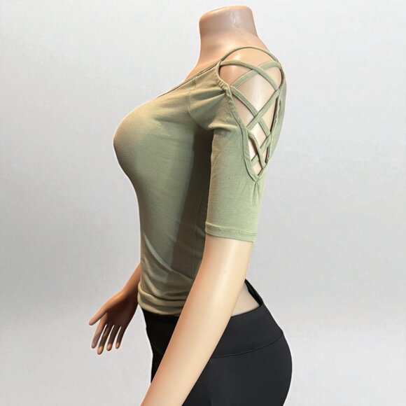 Solid Off Shoulder Top With Strappy Cut Sleeve - Picture 4 of 7